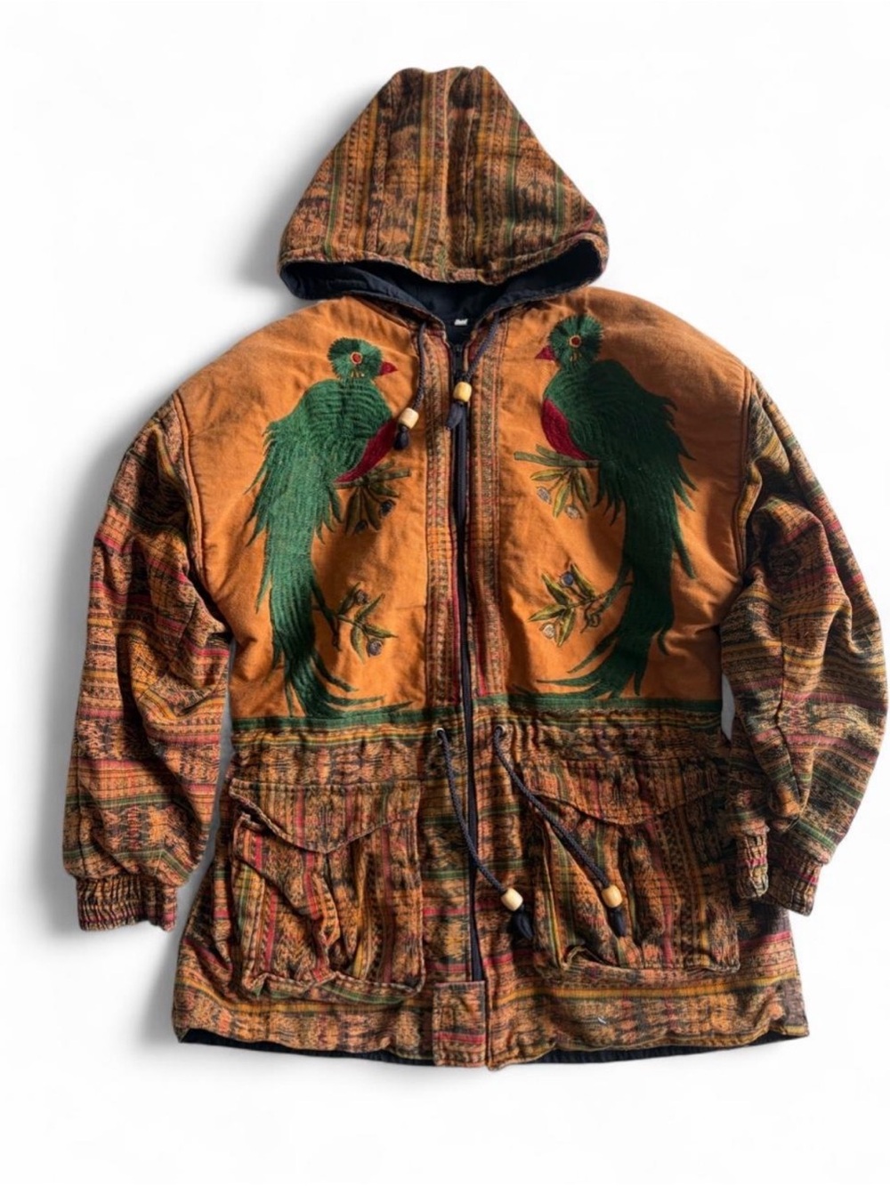 Bohemian Hooded Quetzal Bird Embroidered Jacket - Rust Orange Green